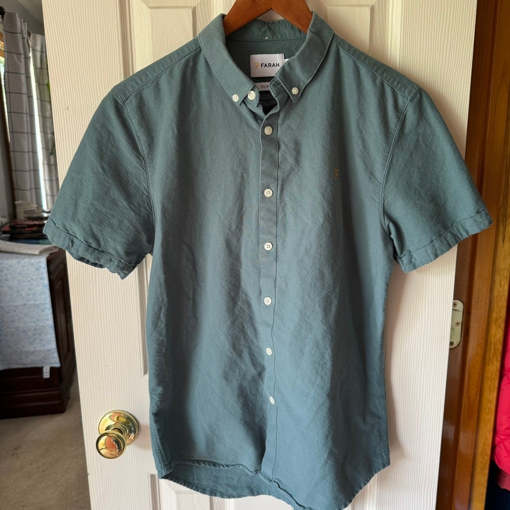Farah Brewer Mens Size M Short Sleeve Button Down Oxford Shirt Teal Blue Gold F
